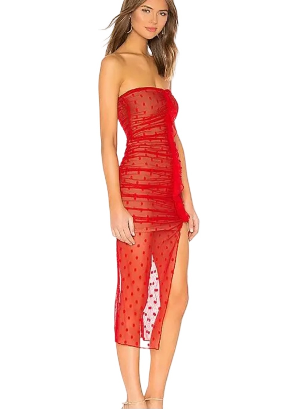 💃💃💃MAJORELLE Brady Strapless Dress Red Polka Dot Mesh Sheer Ruffles from REVOLVE - Picture 2 of 14